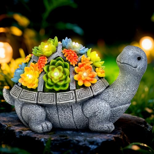 Solar Turtle Statue Garden Decor for Outside with Succulents & 7 LED Lights
