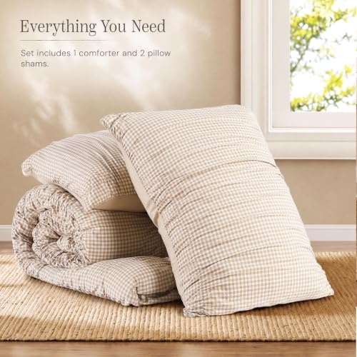 Tan Gingham Twin XL Comforter Set
