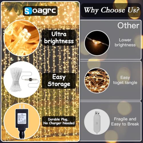 300 LED Warm White Curtain String Lights 9.8x9.8FT