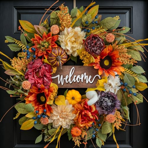 Artificial Harvest Fall Wreaths for Front Door 24 Inch Autumn Wreath