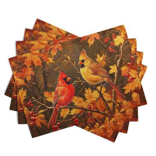 Maple Leaf Birds Fall Placemats Set of 4 Rustic Autumn Colored Maple Forest Tree Place Mat Seasonal Thanksgiving Harvest Table Mats for Party Kitchen Dining Outdoor Indoor Decor (4 Count)