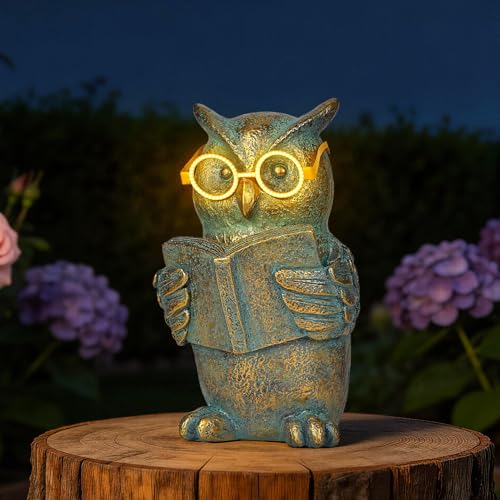 Reading Owl Statue with Solar Glasses Garden Decor Gift for Women