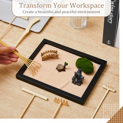 8 Pcs Mini Zen Garden Kit for Table Decor DIY Your Own Zen Garden 8.5" x 6.7" Japanese Sand Tray 6 Rake Tools Meditation Gifts Set for Home Office Tabletop Accessories Therapy Stress Relief (8 Count)