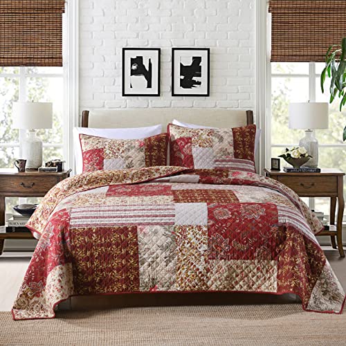 King Quilt Set Quilted Bedspread Country Farmhouse Cottage Vintage Ditsy Floral Paisley Style Reversible Lightweight Coverlet Set Real Patchwork Quilt for All Seasons