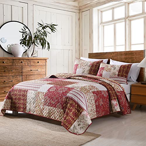 King Quilt Set Quilted Bedspread Country Farmhouse Cottage Vintage Ditsy Floral Paisley Style Reversible Lightweight Coverlet Set Real Patchwork Quilt for All Seasons