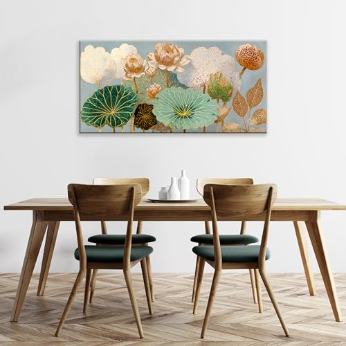 Large Canvas Wall Art Decor Modern Floral Botanical Nature Canvas Prints Gold Lotus Flower Wall Art Decor For Living Room Elegant Canvas Art Wall Decor For Bedroom Home Office Wall Decor 24"×48"