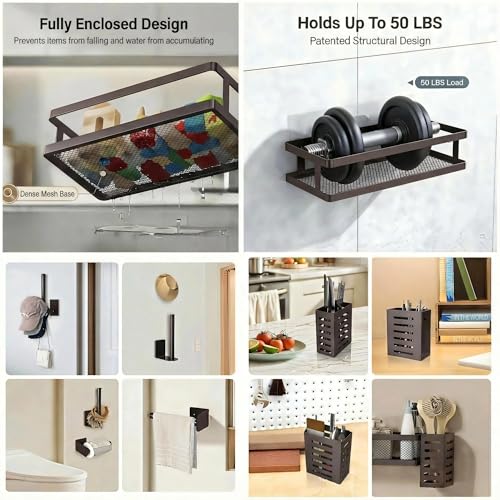 5-in-1 Shower Caddy & Kitchen Organizer Set, Wall Mount Wide Spice Rack with Paper Towel Holder, Utensil Holder, Soap Dish, Rustproof Mesh Baskets Hold 50LBS - Vintage Bronze, Guardrail