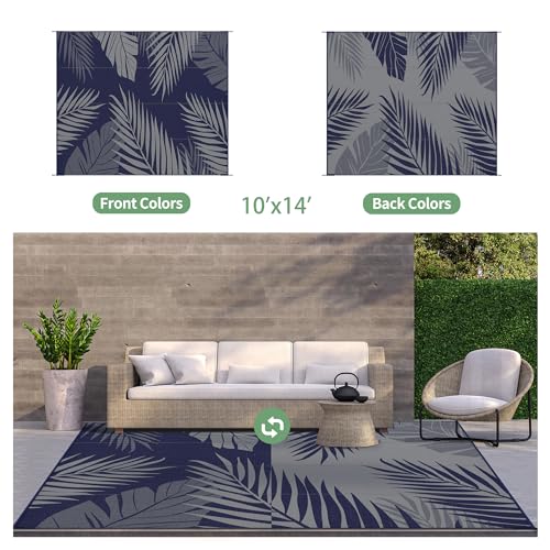 Outdoor Rug Waterproof Plastic Rugs 10'x14' for Camping Blue Grey