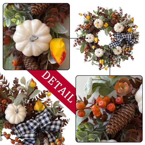 24 Inch Farmhouse Fall Wreath for Front Door with White Pumpkins