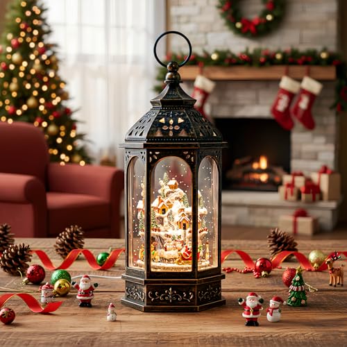 Animated Christmas Village Buildings with Moving Figurines Lighted Water Lantern