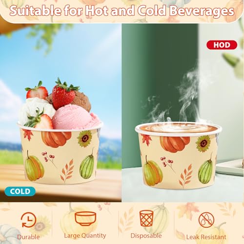 120Pcs Fall Ice Cream Cups 12 oz Disposable Autumn Pumpkin Maple Leaves Paper Dessert Snack Soup Bowls Fall Green Orange Yogurt Cup Container for Hot or Cold Food Thanksgiving Harvest Party Supplies (120 Count)