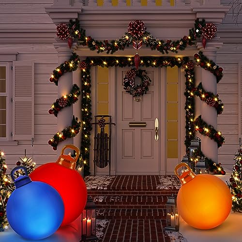 3 Pcs Outdoor Light Up Christmas Ball Decorations Large Christmas Inflatable PVC Decorated Balls with Light 24 Inch (3 Count)