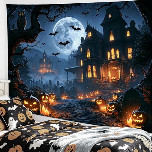 Spooky Halloween Tapestry Black Castle Bat with Pumpkin and Moon Wall Tapestry Spooky Forest Wall Art Decor for Bedroom