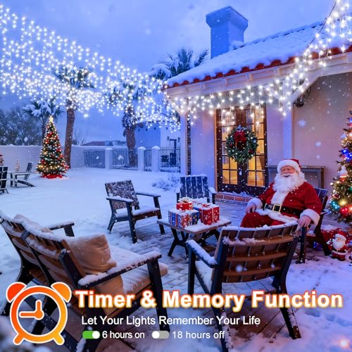 99FT 1216 LED Christmas Lights Outdoor Decorations 8 Modes White Curtain String Light with 228 Drops (99 Foot)