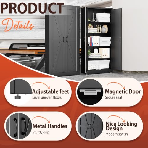 71" Black Metal Storage Pantry Cabinet