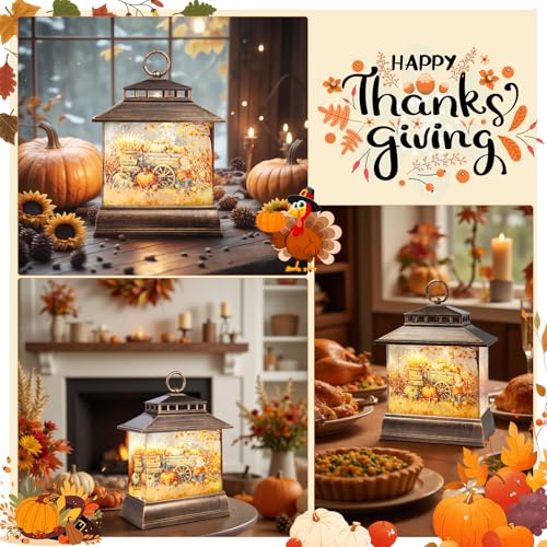 Fall Snow Globe Lantern Thanksgiving Pumpkins Spinning Water Lantern with Swirling Glitter 6H Timer Remote Control Fall Decorations for Home Thanksgiving Autumn Harvest