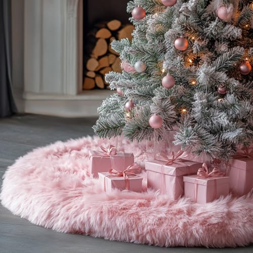 72 Inch Pink Christmas Tree Skirt Plush Decoration for Merry Christmas Party