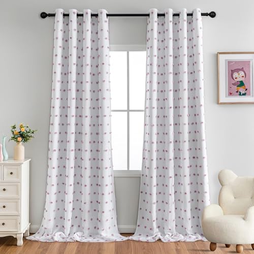 100% Blackout Curtains for Living Room 95 Inch Long Total Light Blocking Curtains for Sliding Door 2 Panels Grommet Room Darkening Girls Bedroom Drapes with Purple Pom Pom Sheer 50 x 95 in (2 Count)