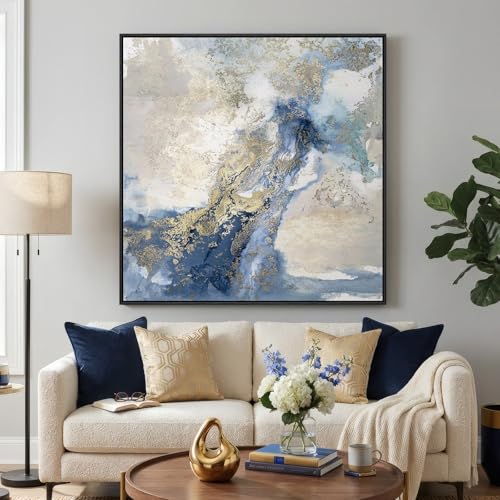 Extra Large Framed Blue Abstract Wall Art Decor for Living Room