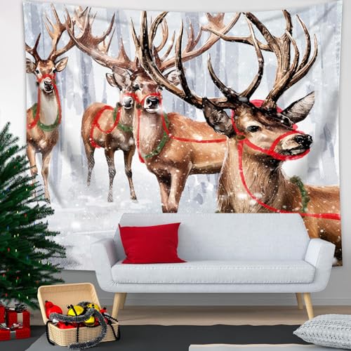 Winter Tapestry Wall Hanging Winter Forest Backdrop Christmas Snowy Deer Wall Decor Snow Elk Tapestries for Bedroom Living Room Dorm Party Decoration