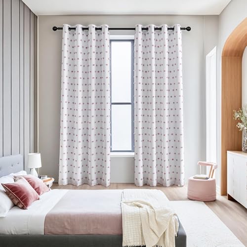 100% Blackout Curtains for Nursery Thermal Insulated Purple Pom Pom Curtains 72 Inch Long for Girls Bedroom 2 Panels White Sheer Curtains for Dining Room Door Grommet (2 Count)