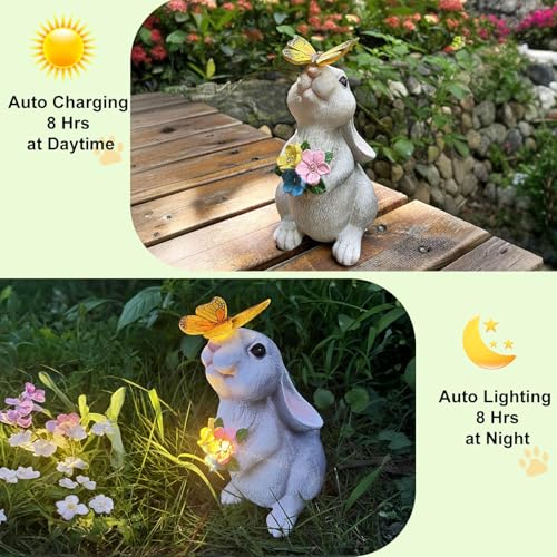 Solar Garden Statues Outdoor Decor Bunny with Butterfly