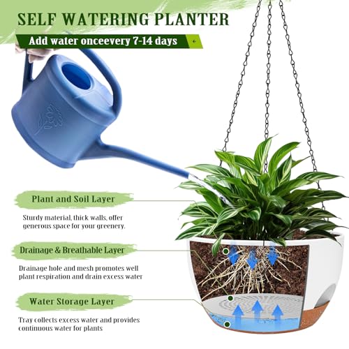 10 Inch Self Watering Hanging Planters with Metal Chain & Macrame Hangers (2 Count)