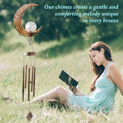 Solar Moon Wind Chimes for Outside Unique Birthday Mom Gifts for Women Mom Grandma Crackle Glass Ball LED Wind Chimes Solar Lights Outdoor Decor Light for Garden Patio Yard