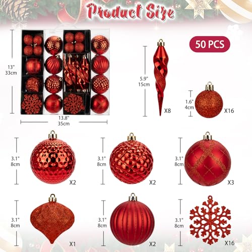 50PCS Christmas Tree Ornaments Set with Shatterproof Balls Icicle Snowflake Hanging Ornaments for Home Office Farmhouse Christmas Decorations (50 Count)