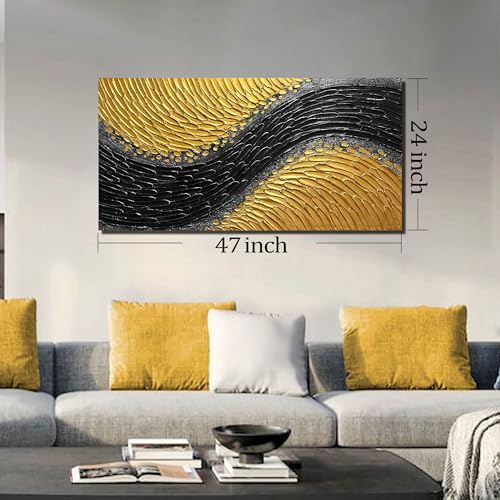 Abstract 3D Hand Painted Wall Art for Office Black and Gold Canvas Wall Art for Bedroom Modern Wall Decor for Living Room Size 24 x 47 Inch