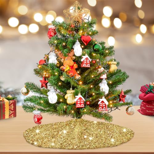 Gold Christmas Tree Skirts 21 Inches Mini Metallic Tree Cover Skirt Personalized Christmas Tree Mat Ornament Rustic Round Small Xmas Tree Skirts for Holiday Festival Home Christmas Indoor Decoration