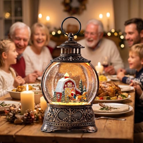 Christmas Snow Globes Christmas Water Lantern with Carriage Red barn Farm Scene Music & 6H Timer USB Lined