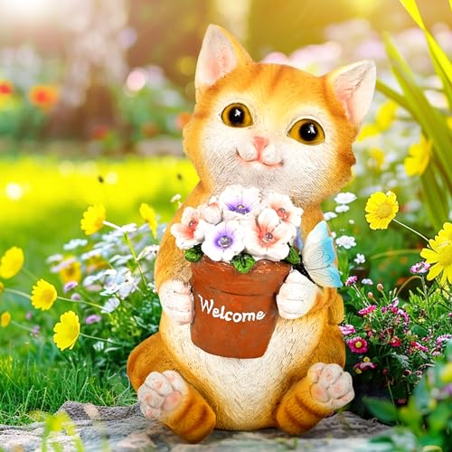 Solar Garden Decor Flower Pot Cat Statues Outdoor