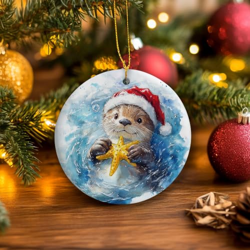 Coastal Beach Santa Sea Otter Christmas Ceramic Ornament