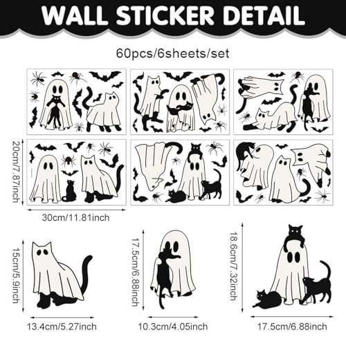 Halloween Ghost Window Clings for Glass 6 Sheets Cute Window Decals Spooky Window Stickers Cat Spider Reusable Windows Cling for Halloween Fall Party Home School Office Glass Supplies Decorations (6 Count)