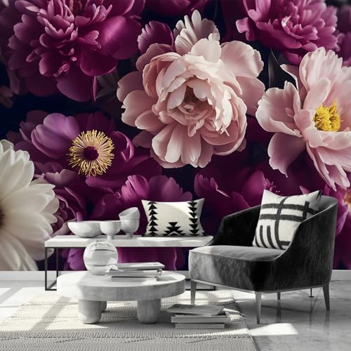 Dark Peony Floral Peel and Stick Wallpaper Purple Flowers Mural
