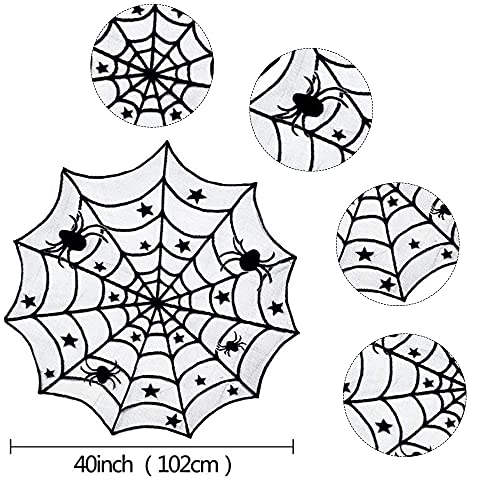 4 Pack Halloween Decorations Tablecloth Runner Black Lace Round Spider Cobweb Table Cover Fireplace Mantel Scarf Spiderweb with 60 Pcs 3D PVC Scary Black Bat Sticker Halloween Party Supplies (63 Count)