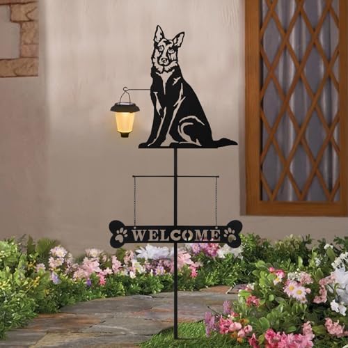 Solar German Shepherd Silhouette Dog Breed Welcome Sign with a Lantern