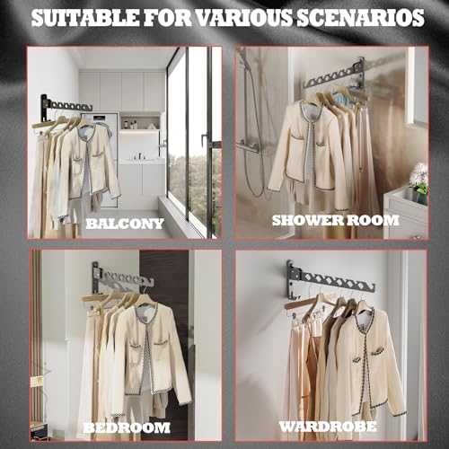 Wall Mount Coat Hanger Holder Black Clothes Drying Organizer Rack Garment Hooks Aluminium Retractable Folding Indoor Wall Mounted Hanger Space Saver for Laundry Room Bedroom Black 2Pack (2 Count)