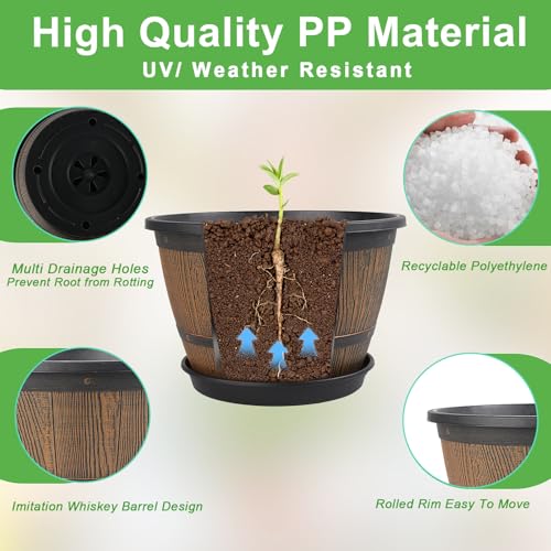 10-inch-Plant-Pots-Indoor-Outdoor, 4 Pack Whiskey Barrel Planters with Drainage Holes & Saucer, Plastic Flower Pots Imitation Wine Barrel Design, Decorative Garden Pots for Plants (4 Count)