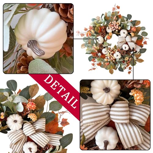 24 Inch Farmhouse Fall Wreath for Front Door with White Pumpkin