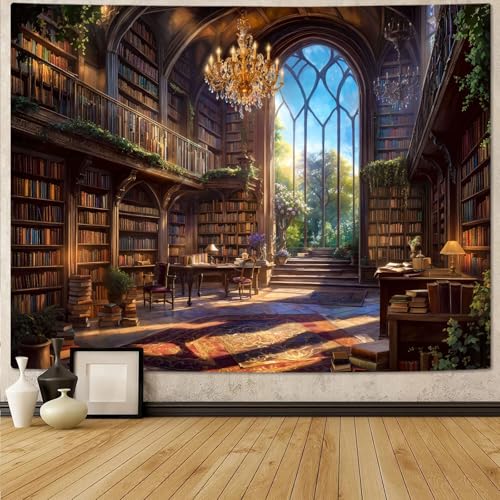 Vintage Library Tapestry Medieval Bookshelf Tapestries Wall Hanging Fantasy Academia Hall Book Backdrop Large Tapestry for Bedroom Living Room Dorm Classroom 80 x 60 inch