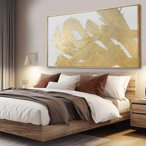White and Gold Wall Painting Neutral Wall Decor Modern Abstract Wall Art Minimalist Art 29"x58" Artwork for Living Room Kitchen Dining Room
