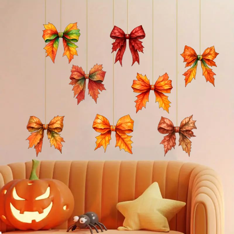 8 Pcs Fall Tree Ornaments Decoration Autumn Leaf Hanging Ornaments 2D Flat Acrylic Pendants Bow Shape Maple Leaf Designs Hanging Ornaments for Home Autumn Festival DIY Craft Supplies Decor (8 Count)