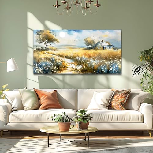 Wildflower Field Landscape Painting Modern Canvas Print Wall Art Rural Field Mural Artwork Living Room Dining Room Wall Decoation For Bedroom Office Farmhouse Home Decoration 24x48 Inches