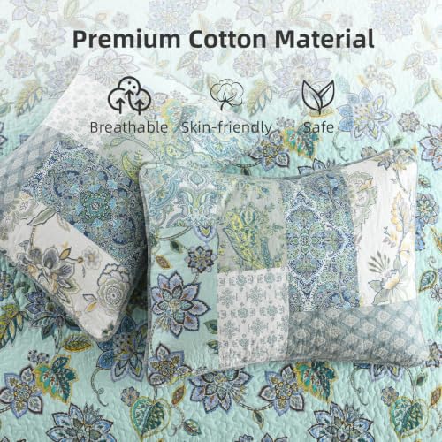 3 Piece Quilt Set Queen Size Patchwork Paisley Turquoise Floral