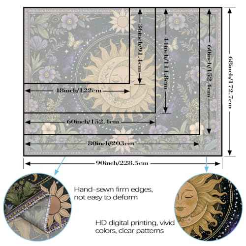 Boho Vintage Sun and Moon Hippie Purple Floral Tapestry 60 x 44 Inch
