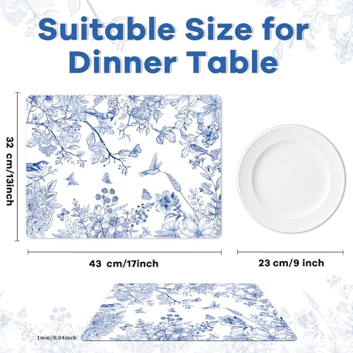 Blue Floral Placemats Set of 6 Flower Bird Plastic Table Mats Seasonal Spring Placemats Chinoiserie Place Mats Rustic Vintage Table Decoration for Indoor Outdoor Party Kitchen Dining (6 Count)