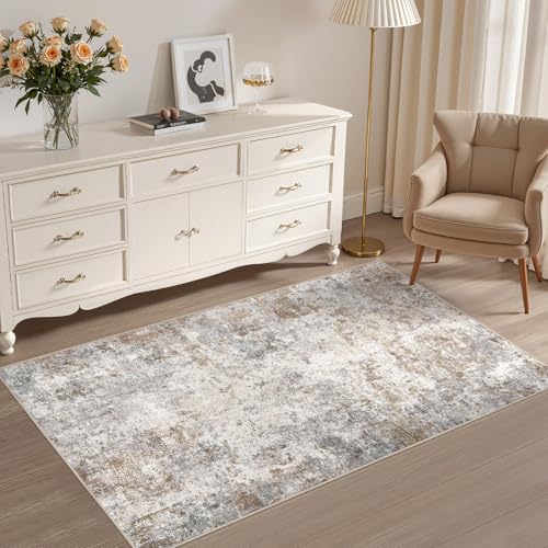 3x5 Entryway Area Rug Washable Neutral Brown Grey Small Carpet (24 Count)