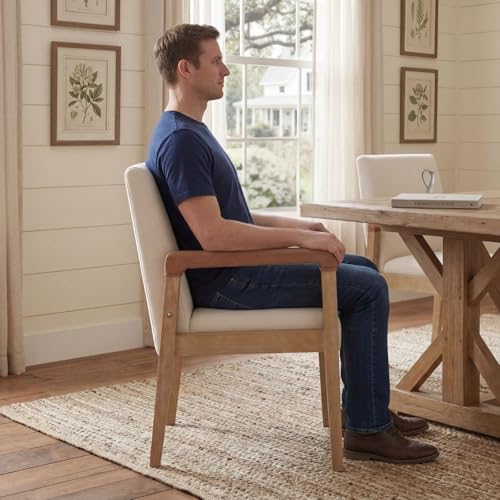 Modern Dining Chairs Set of 4 Linen Fabric Kitchen Arm Chairs Upholstered Accent Chairs with Wooden Legs for Dining Room (4 Count)